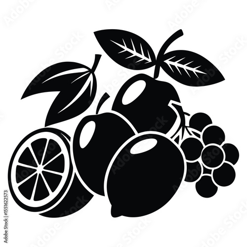 A striking black and white vector illustration of a vibrant fruit assortment featuring apples citrus and grapes perfect for healthy eating and natural product designs