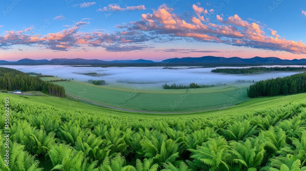 Fototapeta premium In the heart of Serene Valley, a picturesque vista emerges, complete with lush ferns, a mist-shrouded forest, and a dazzling blue sky above