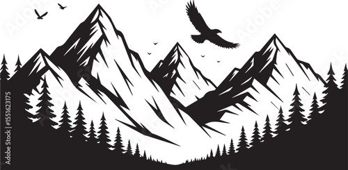 Mountain Landscape Silhouette with Forest Trees and Flying Birds Scene