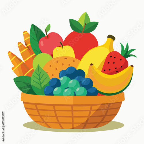 A vibrant illustration of a woven basket overflowing with a colorful assortment of fresh healthy fruits and vegetables perfect for promoting healthy eating