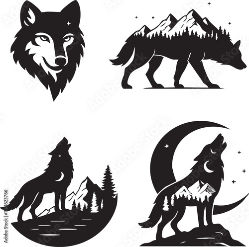 Wolf Silhouette Vector Set with Mountains, Forests and Night Sky Wildlife Nature Art 