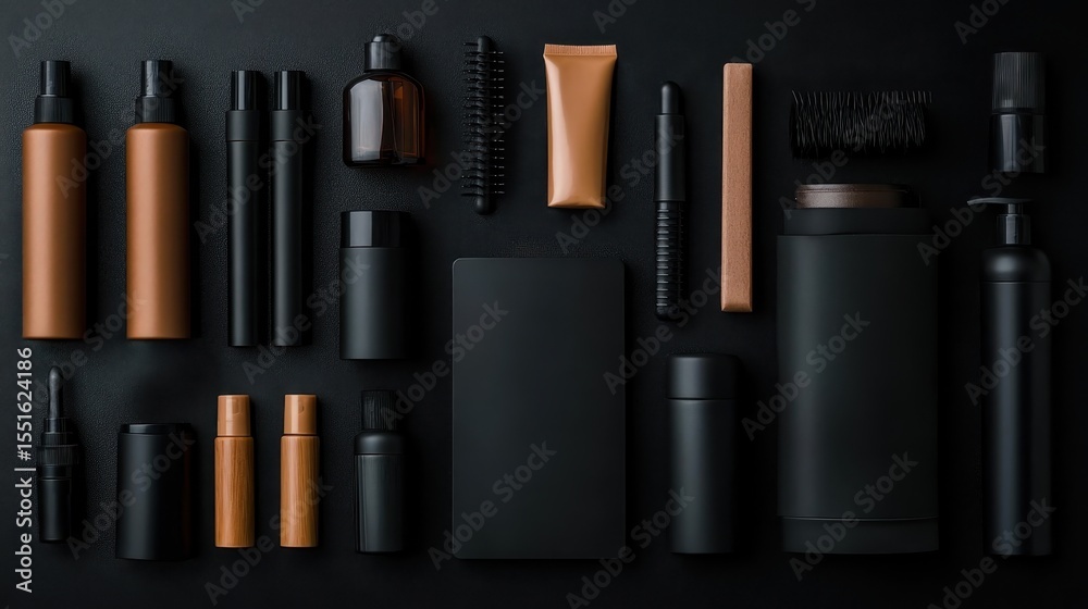 Obraz premium A stylish arrangement of makeup and hair products on a black background, highlighting their sleek designs and luxurious appeal for a modern beauty enthusiast.