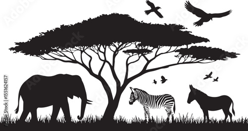 African Safari Silhouette with Elephant Zebra Tree Birds and Wildlife Scene