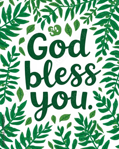 God Bless You lettering in green concept card cartoon illustration design  art invitation or card poster