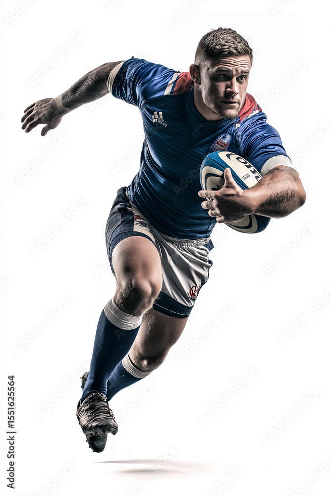Naklejka premium Rugby player jumping and running with ball isolated on white background, capturing dynamic motion, strength and athletic intensity