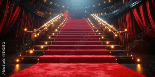 Red carpet stairs illuminated by soft lights lead to a glamorous venue decorated with rich curtains and elegant railings