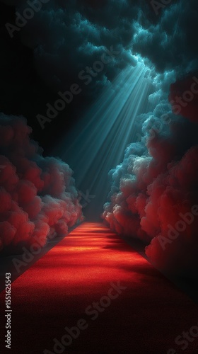 Vibrant red pathway illuminated by ethereal light through dark clouds at twilight