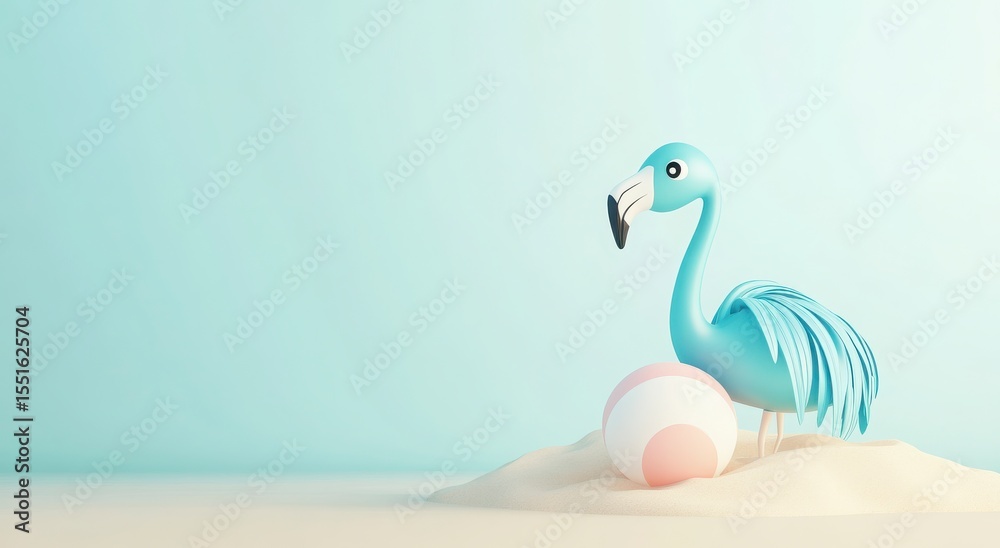 Obraz premium Adorable Blue Flamingo With Pink Sphere On Sandy Beach, Pastel Colors, Three Dimensional Rendering