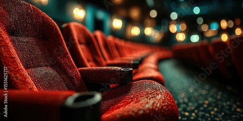 Red theater seats arranged in a row in a dimly lit cinema during a movie screening