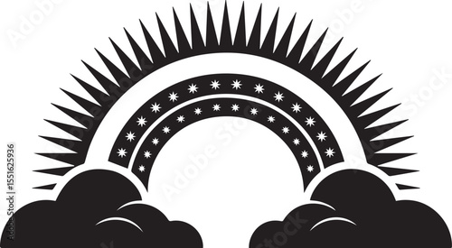 Sunburst Rainbow and Cloud Silhouette Icon with Vintage Decorative Style