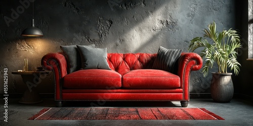 Elegant red sofa set against a textured dark wall with decorative elements in a cozy interior space