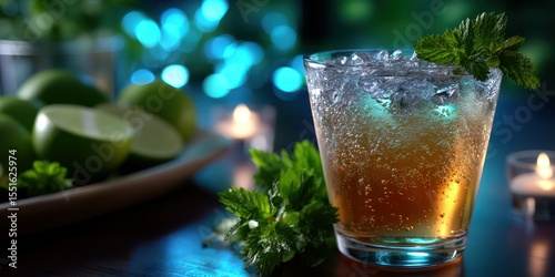 Refreshing citrus beverage garnished with mint on a wooden table in soft evening light