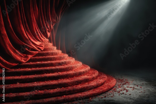 Elegant red carpet staircase with dramatic lighting creating a theatrical atmosphere in a performing arts venue