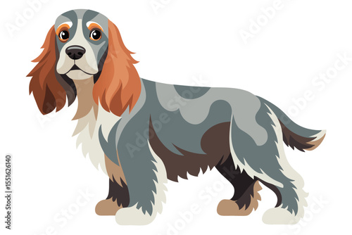 Vector Illustration of an Adorable Cocker Spaniel Standing Calmly with a Neutral Expression and its Beautifully Patterned Coat