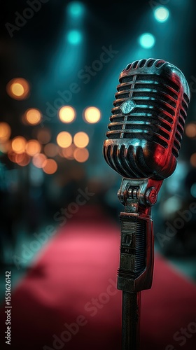 Vintage microphone on stage with warm lights and red carpet for a live performance event at night