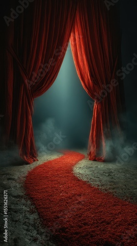 Red curtains parting to reveal a mysterious pathway illuminated by a soft light in an enchanting setting