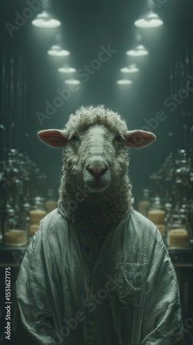 Sheep dressed in lab coat stands confidently under dim lights in a processing facility