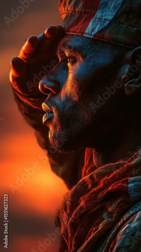 Soldier saluting at sunset, showcasing determination and honor in a dramatic twilight setting