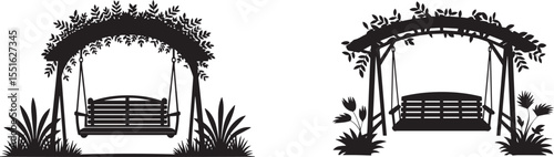 Garden Swing Bench Silhouette Set with Floral Arch and Leafy Decor