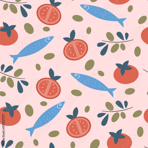 cute hand drawn summertime seamless vector pattern background illustration with red tomatoes, olives and blue sardine
