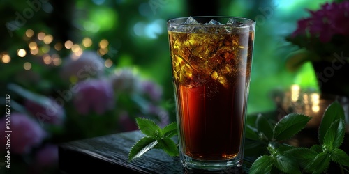 Delicious iced beverage served in a tall glass with ice against a green nature backdrop