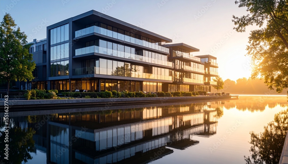 Obraz premium Architectural Photography of Modern Office Buildings, Capturing Global Workspaces in Urban, Suburban, Eco-Friendly, and Scenic Environments Across Day and Night Settings