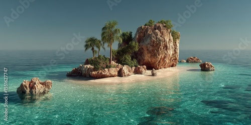Serene tropical island surrounded by clear turquoise water under a bright sky at midday