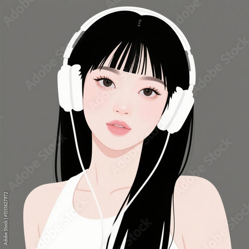 ヘッドホンを首にかけているKPOP好きな女性のシンプルイラスト