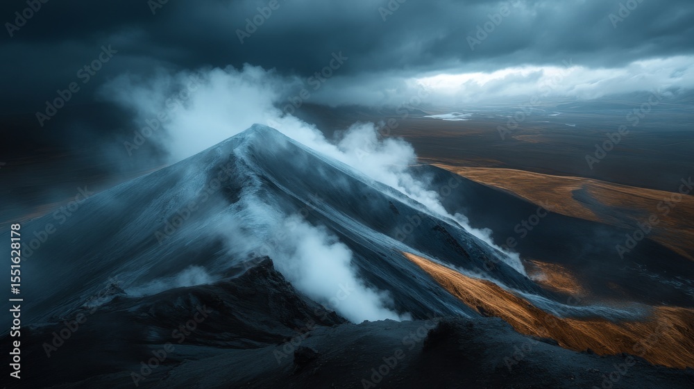 Fototapeta premium Majestic Volcanic Mountain Erupting Steam Amid Dark Stormy Skies