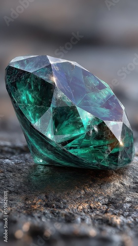 Stunning green gem sits on a textured surface reflecting light in an artistic manner
