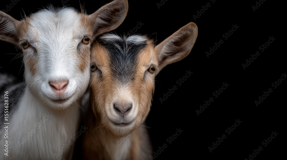 Fototapeta premium Two goats standing side by side against a black background