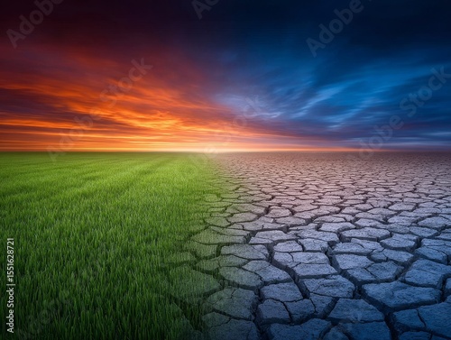 Lush green grassland meets dry, cracked earth, forming a jarring contrast that underscores the dire repercussions of climate change, all illuminated by the warm, golden light of a vibrant sunset