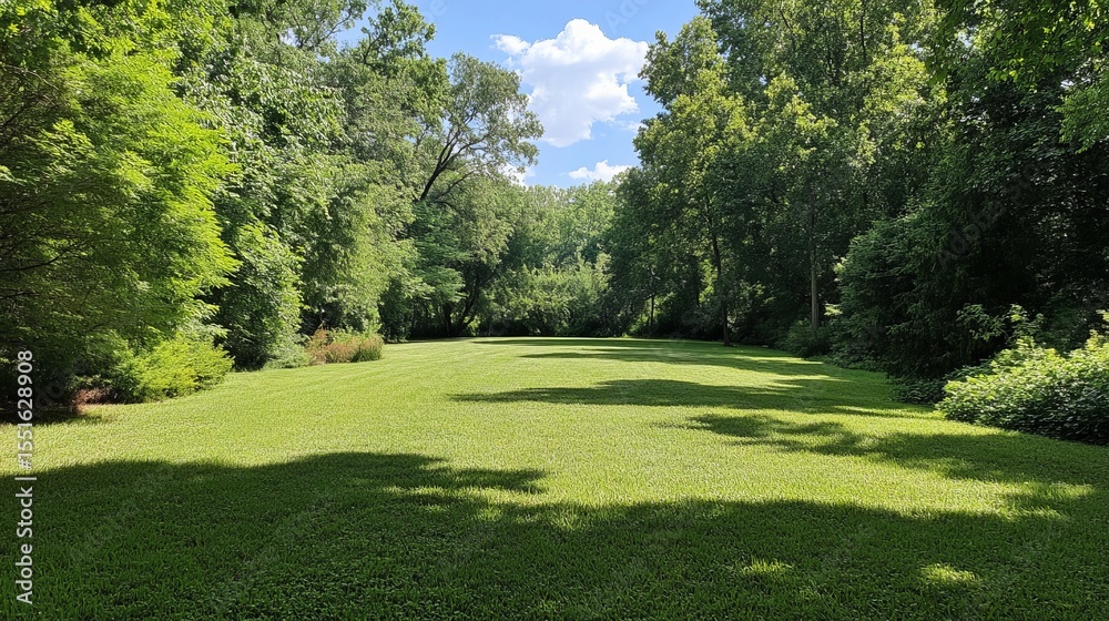 Obraz premium Lush green lawn nestled between towering trees under a partly cloudy sky. A serene, idyllic summer scene