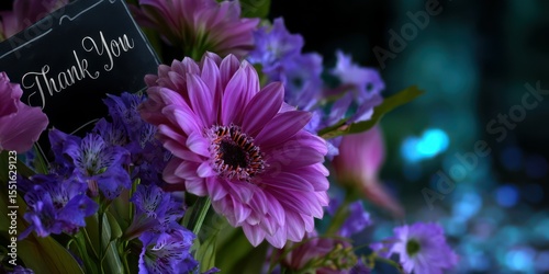 Colorful bouquet of flowers with a thank you note displayed in a pleasant setting