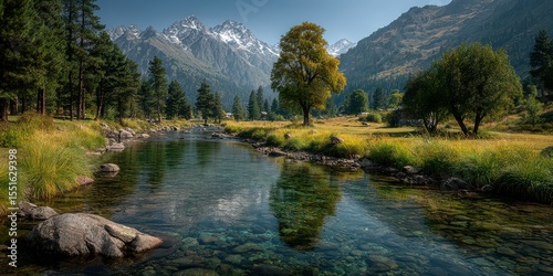 Scenic river flows through lush green valley under majestic snow-capped mountains during a sunny day in the wilderness