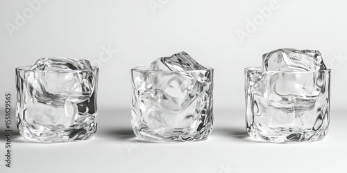 Three glass tumblers filled with ice cubes arranged on a white surface in a minimalistic setting