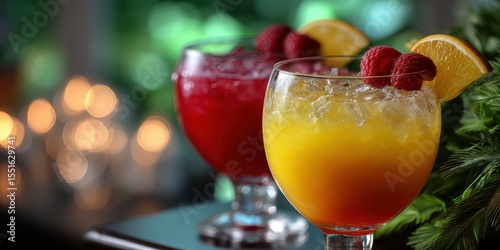 Colorful cocktails with fresh fruit garnishes served at a lively bar during a summer evening gathering