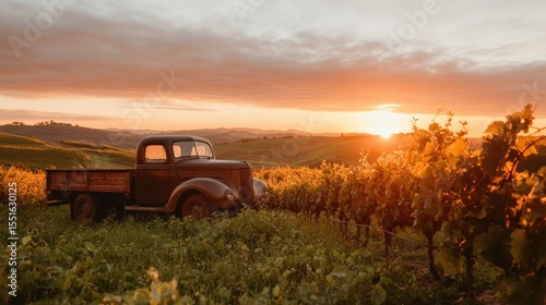 A rustic vintage truck sits gracefully in a lush vineyard, illuminated by the soft, warm glow of a breathtaking sunset, capturing the timeless essence of rural beauty and tranquility.