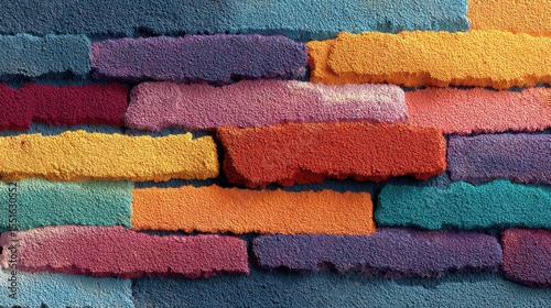 Colorful textured wall displaying a vibrant arrangement of various painted bricks in warm and cool tones