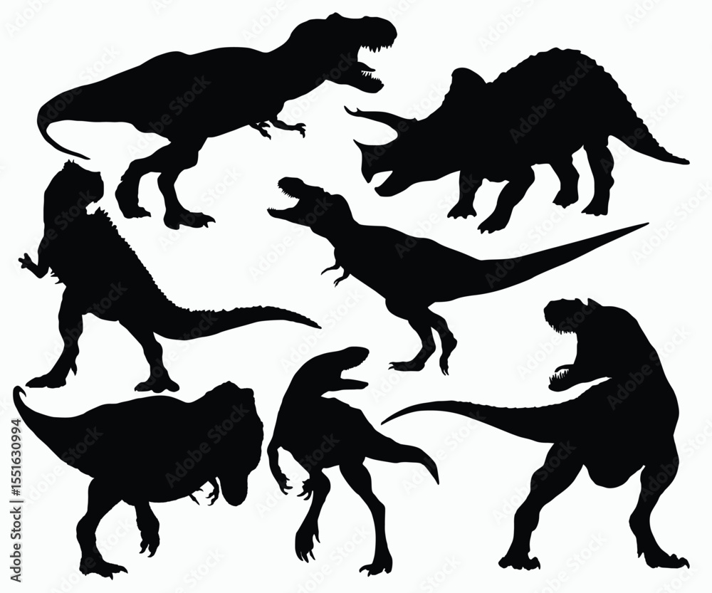 Naklejka premium Prehistoric creature dinosaur silhouette vector download Stencil. Ceratosaurus, Tyrannosaurus Rex, Dino monsters, Jurassic period, Grunge pattern elements. Dinosaur graphics hand drawn silhouette set