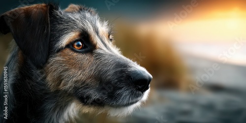 Dog gazing at sunset by the shore in a tranquil landscape with gentle waves and golden hues