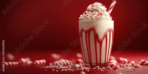 Festive milkshake with whipped cream and peppermint candies in a holiday-themed setting