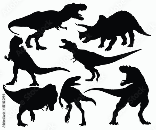 Prehistoric creature dinosaur silhouette vector download Stencil. Ceratosaurus, Tyrannosaurus Rex, Dino monsters, Jurassic period, Grunge pattern elements. Dinosaur graphics hand drawn silhouette set