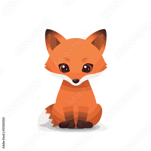 Adorable Cartoon Fox with Large Eyes and Fluffy Tail Sitting Calmly.