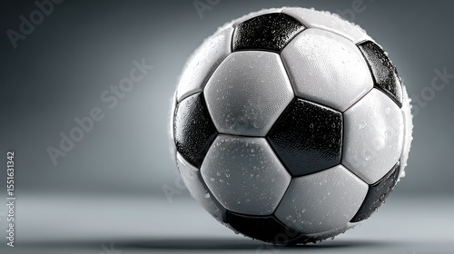 Soccer ball resting on a wet surface with droplets glistening under soft light during an indoor setting