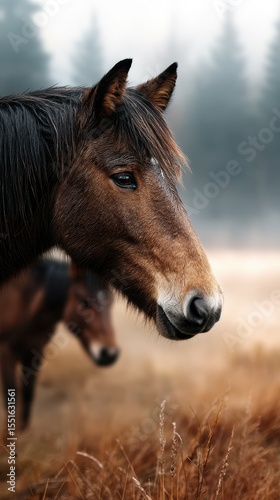 Horse grazing calmly in a misty meadow during early morning light with soft grass and warm autumn tones
