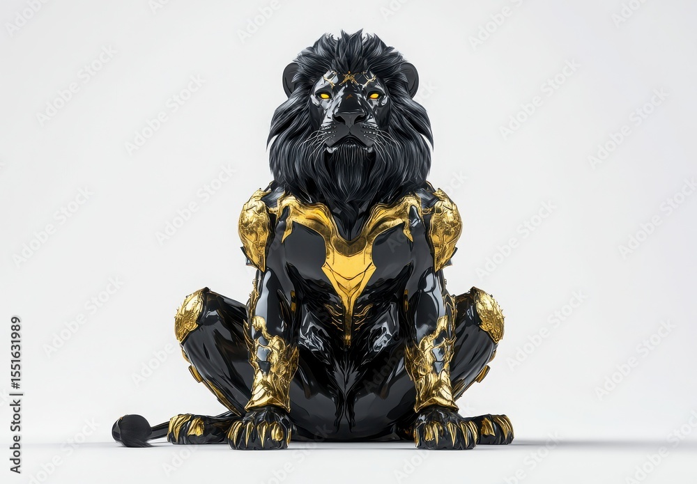 Fototapeta premium Black_and_Gold_Metallic_Lion_Sculpture_Digital_Rendering