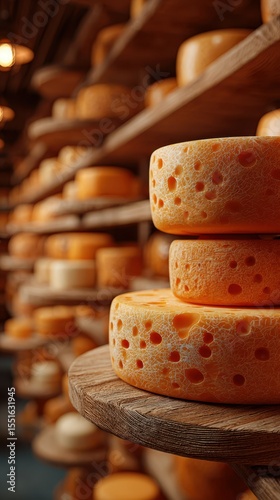 Cheese wheels displayed on wooden shelves in a rustic cheese aging facility during daylight