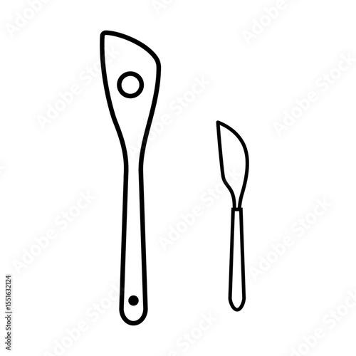 木製フライ返しとバターナイフの線画ベクターイラスト｜木ベラ,バターナイフ,調理器具,線画,白背景,台所