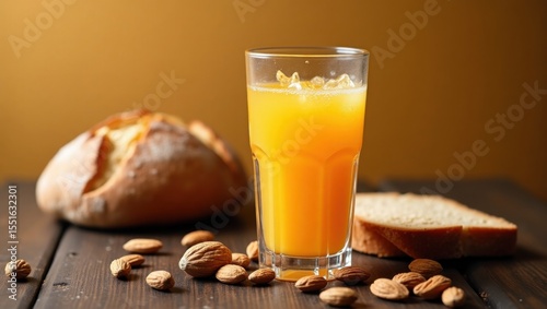 Un vaso alto de jugo de naranja fresco se encuentra sobre una mesa de madera rodeado de almendras, nueces y pan de molde
